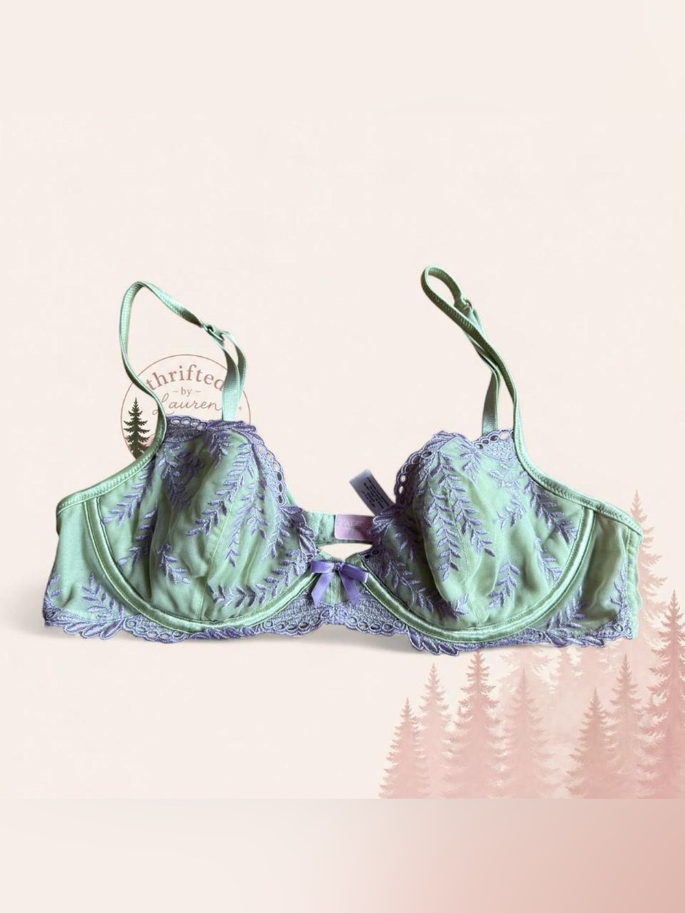 Victoria’s Secret Embroidered Lace Bra 36B Green & Lavender Floral
